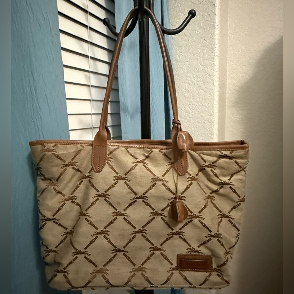 Longchamp Beige Canvas Tote with Brown Leather Trim